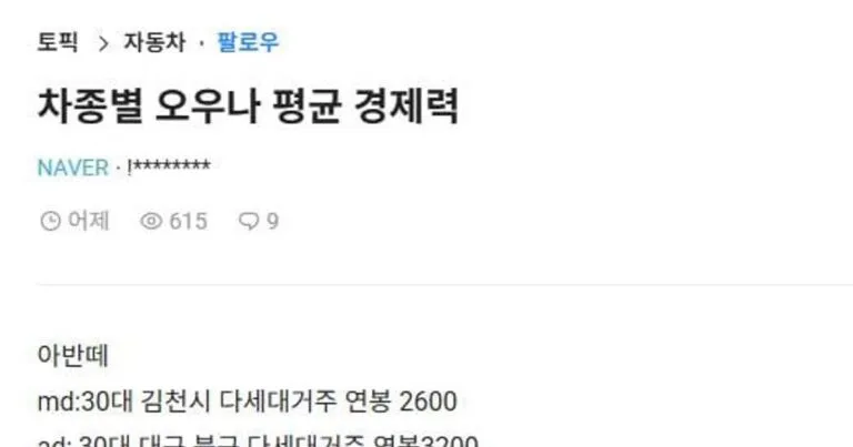 차종별 평균 연봉 경제력