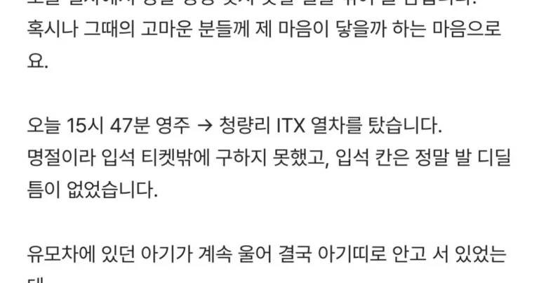 기차 입석 탄 아기엄마에게 1시간 반 자리 양보한 이야기