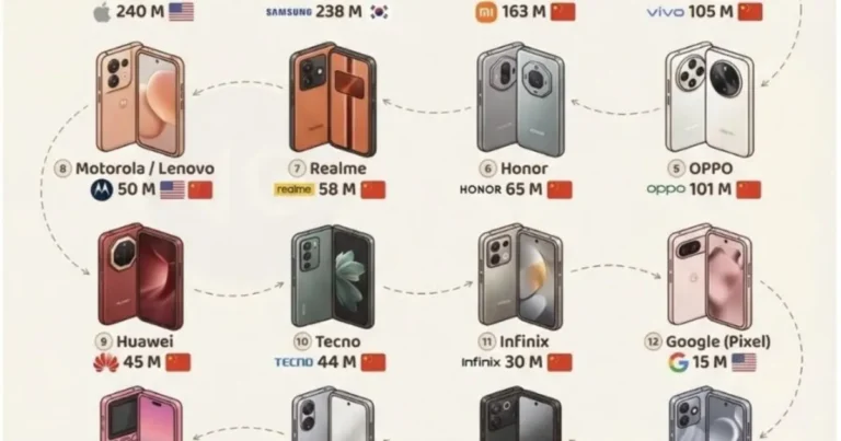 2025년 전세계 전체 스마트폰 브랜드 판매량 순위